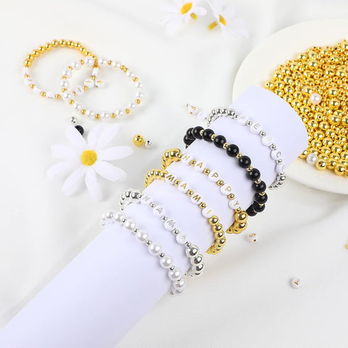 1800Pcs Silver & Gold Round Spacer Beads 3 Sizes Smooth Loose Ball Beads Alphabet Pearls Beads and 2 Rolls Elastic String for DIY Craft Making Sup...